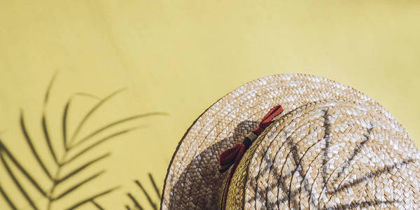 假期, 度假热带海滩从上面棕榈树叶子和草帽。贝壳。样式顶部视图组对象