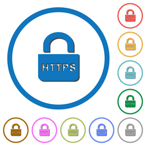 带阴影的安全 https 协议平面彩色矢量图标白色背景上的圆形轮廓
