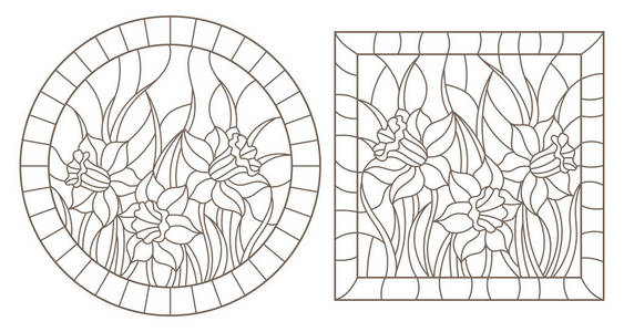 一组彩色玻璃窗的轮廓图, 上面有水仙花白色背景圆形和长方形图像的深色轮廓。