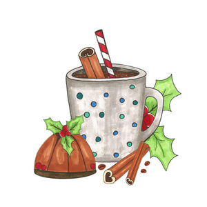 热巧克力杯配肉桂, 圣诞布丁, 糖果藤和槲寄生。在白色背景下被隔离。手绘