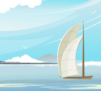 向量例证, 帆船在海在白天在山和海风景的背景上