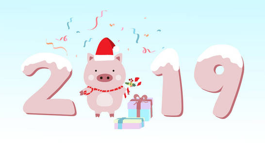 祝新年贺卡与猪, 丝带和猪