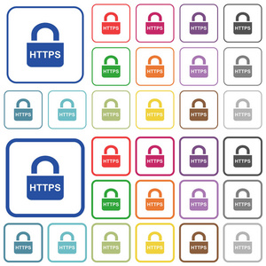 安全 https 协议彩色平面图标在圆角方形框架。包括薄和厚的版本