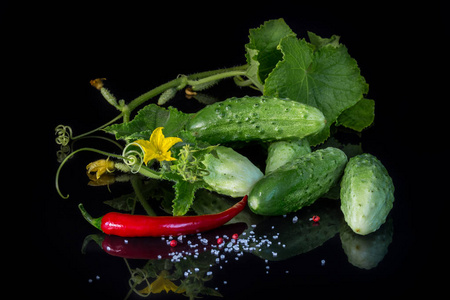 新鲜黄瓜, 绿色和红色辣椒在黑暗的背景下