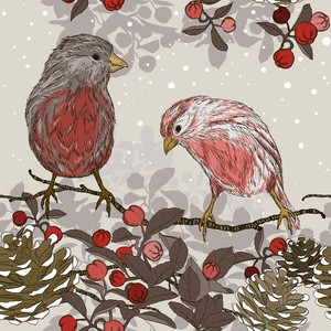 圣诞无缝模式与冬季鸟类