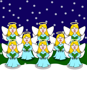 唱诗班的颂歌天使可爱的卡通唱诗班婚礼天使唱诗班平面图标与长长的