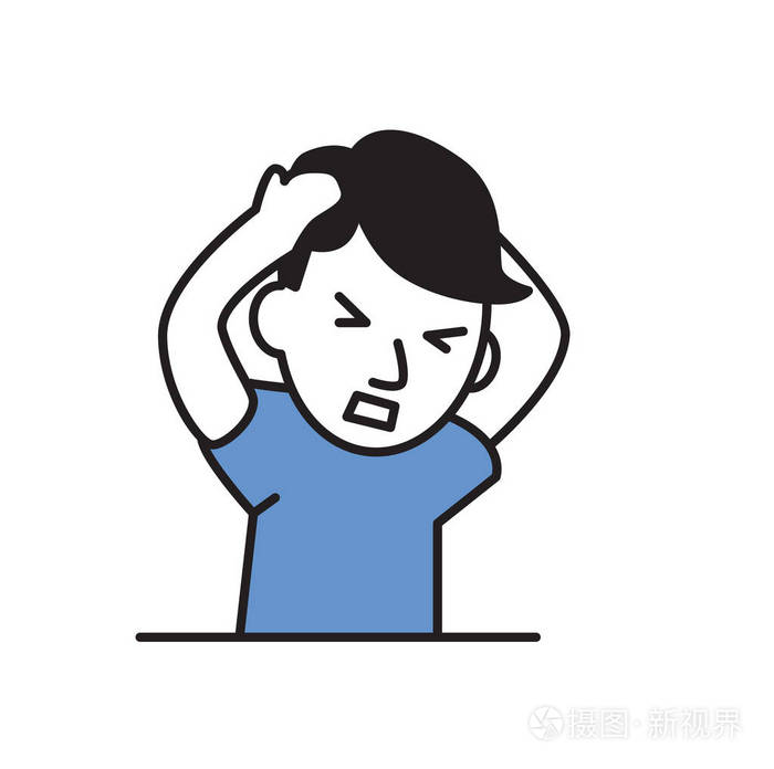一个头疼的年轻人, 他的头握着手.平面设计图标.平面矢量图.