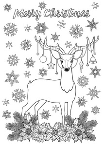 与鹿的圣诞快乐问候着色页