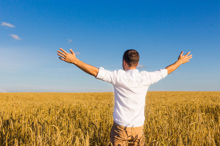 年轻人张开双手, 望着夏天无尽田野中间的距离.