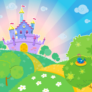 卡通童话城堡在阳光明媚的绿色草地上