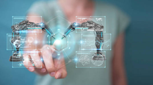 在模糊背景下使用机器人手臂与数字屏幕3d 渲染的女实业家摄影图