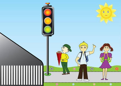 背景图片红绿灯新学年, 孩子们去上学, 在红绿灯处等着人行道.