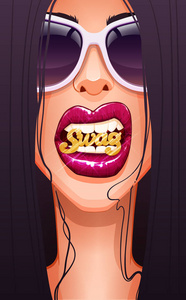 特写的女人的脸在眼镜与充分的红色嘴唇咬黄金斯瓦格徽章。矢量插图
