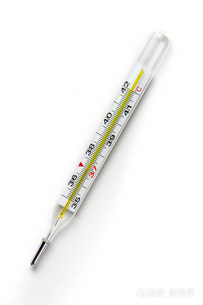 孤立在白色背景上的玻璃医用温度计