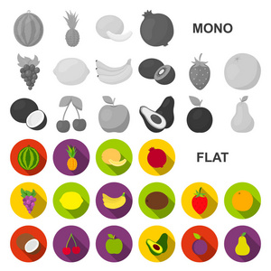 不同的水果平面图标集合中的设计。水果和维生素矢量符号股票 web 插图