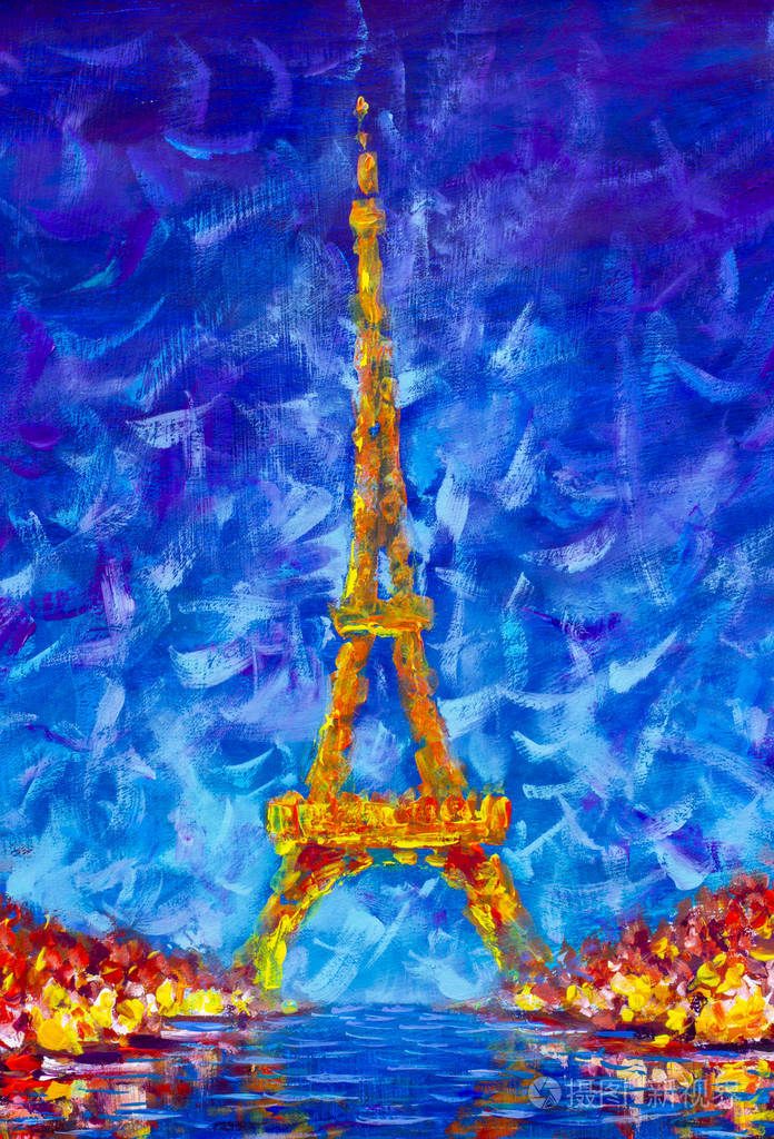 闪耀的夜晚埃菲尔铁塔在蓝色夜空中巴黎夜景油画画布上