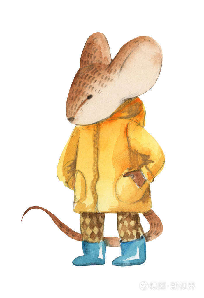 水彩插图是孤立的白色背景黄色外套和蓝色靴子的灰色小老鼠