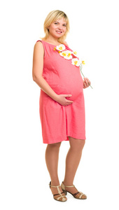 怀孕的妇女，穿着红色的花