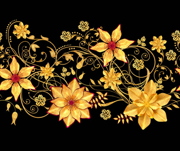 3d 渲染。金色风格的花朵, 细腻闪亮的卷发, 佩斯利元素, 无缝图案。水平花边框