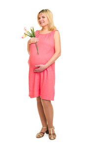 怀孕的妇女，穿着红色的花