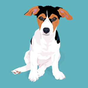 可爱的可爱杰克罗素猎犬狗坐在蓝色背景上的阴影, 矢量插图