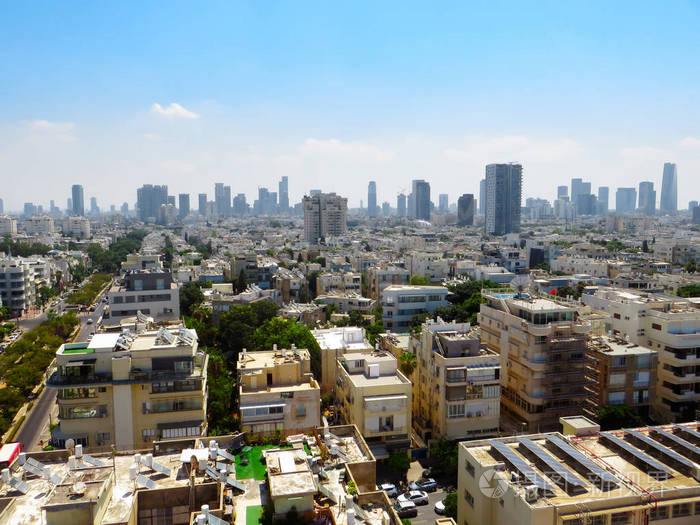 特拉维夫城市全景, 城市和住宅区的新城区有摩天大楼.2018年夏天