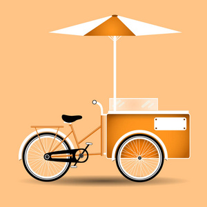冰淇淋自行车推车复古设计, 网络背景。复古自动售货车遮阳伞
