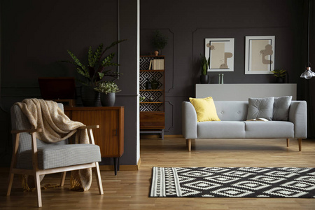 毯子在扶手椅旁边的花纹地毯在客厅内部与灰色沙发。真实照片