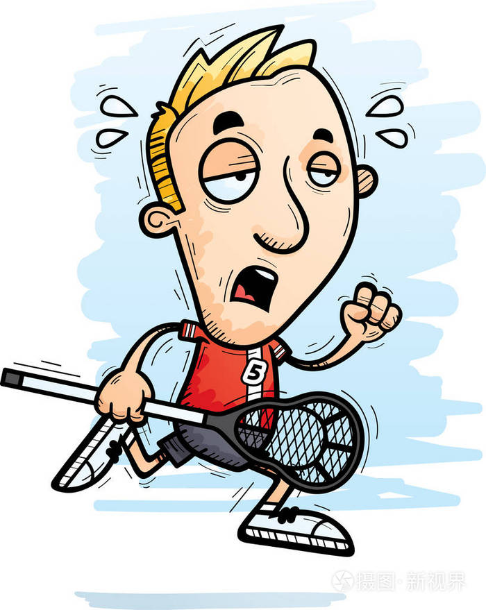 一个男子曲棍球运动员跑步和看起来筋疲力尽的卡通插图