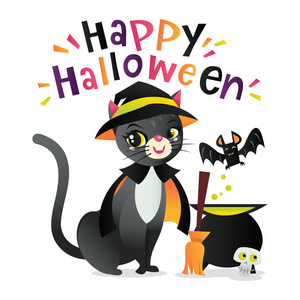 一个超级可爱的黑猫的向量例证在魔术锅前面的扫帚和蝙蝠与有趣的万圣节快乐短语