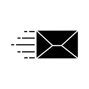 邮寄字形图标。飞行信封。通信。快速消息。电子邮件。剪影符号。负空间。矢量隔离插图