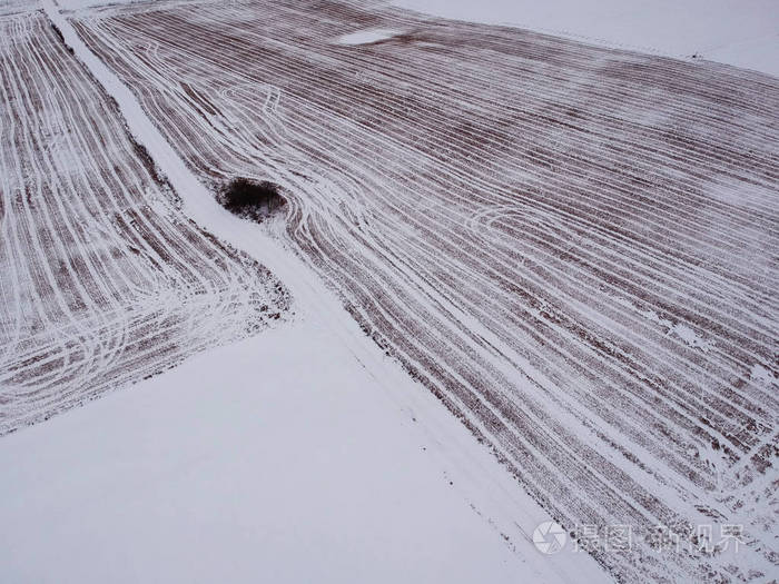 冬小麦茬农业田雪, 鸟瞰图