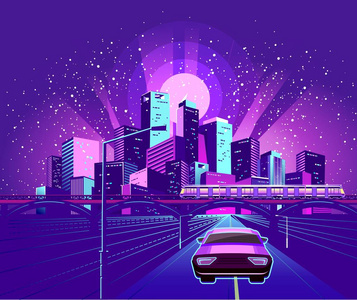 夜霓虹灯城, 车沿道路行驶, 在桥上高速地铁列车, 城市交通, 矢量插图