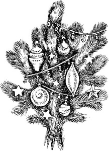 云杉分支与圣诞玩具。针叶植物的手绘。剪影, 黑白矢量插图