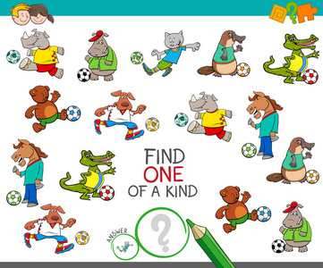 卡通插图找到一种图片教育活动游戏的儿童与动物足球运动员字符