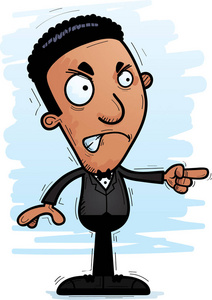 一个黑色的新郎看着愤怒和指向的卡通插图