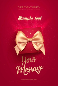 美丽的情人节问候传单或海报。红色礼品盒和金色蝴蝶结的顶视图。向量例证