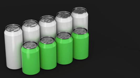 大和小的白色和绿色苏打罐站在两个 raws 的黑色背景。饮料样机。锡包啤酒或饮料。3d 渲染插图