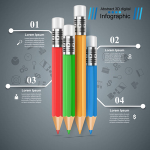 铅笔, 教育图标。业务图表。四颜色项目