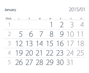 2015 年日历。1 月