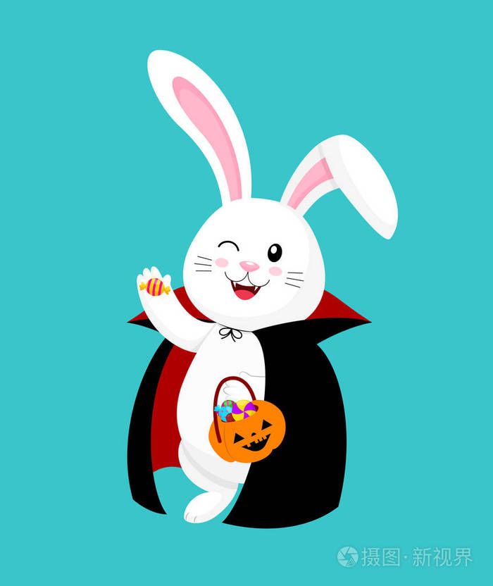 可爱的卡通白兔子在德古拉西装万圣节快乐的一天.卡通人物设计.