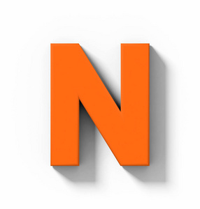 用阴影正交投影3d 渲染在白色上隔离的字母 N 3d 橙色