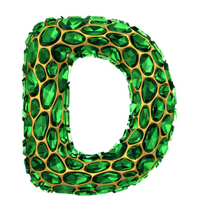 金色闪亮的金属3d 与绿色玻璃符号大写字母 d-大写在白色隔离照片