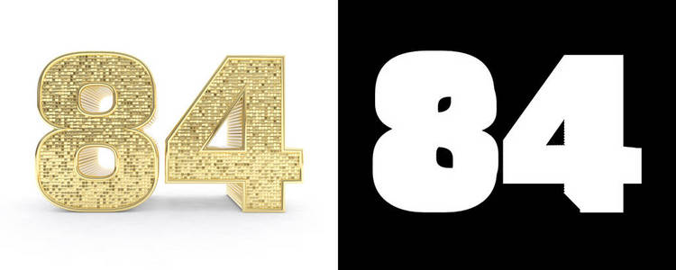 金色数字八十四 (数字 84) 在白色背景与下落阴影和 alpha 通道.