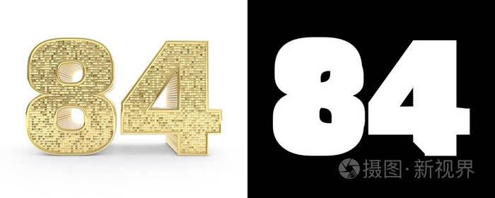 金色数字八十四数字84在白色背景与下落阴影和alpha通道3d插图