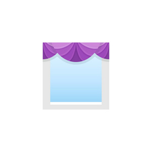 紫色面料的价值与窗帘。向量例证。带有3个风扇的骨盆的平面图标。家居及办公室窗户装饰的元素