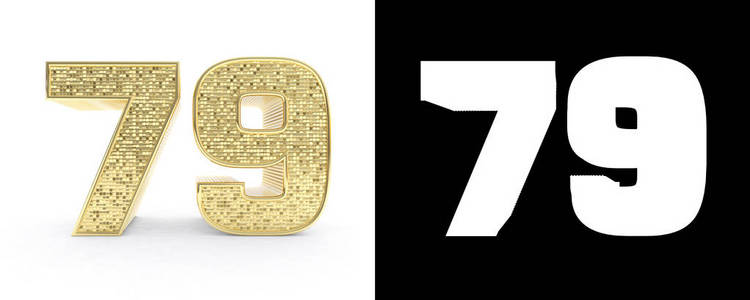 金色数字七十九 (数字 79) 在白色背景与下落阴影和 alpha 通道.