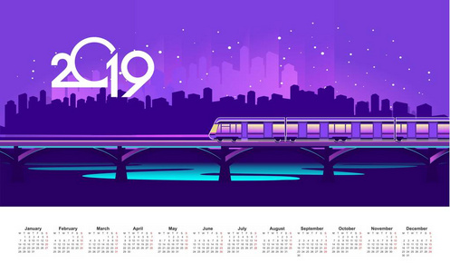 矢量英语日历模板 2019, 一辆霓虹夜行列车沿着一条河上的铁路桥冲过一座大城市的剪影。