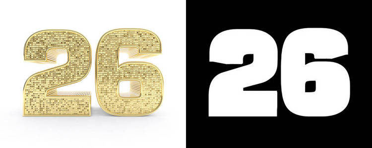 金色数字二十六 (数字 26) 在白色背景与下落阴影和 alpha 通道.