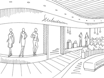 白色超市走廊购物商场图形黑色白色内饰素描图矢量照片